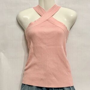 Cross-Neck Ribbed Tank Top - Pink